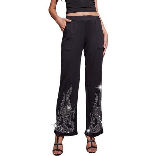 Women Wide-leg Pants with Pockets Black Elastic High Waist Trousers with Rhinestone Design