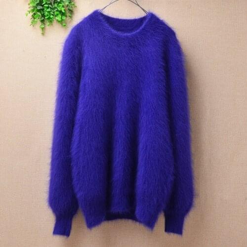 Female women hairy fluffy mink cashmere knitted Round neck long sleeves slim bottoming blouse pullover angora fur jumper sweater