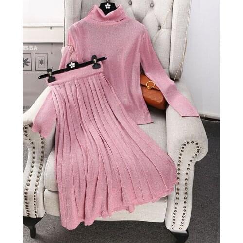 Amolapha Women Knitted T Shirts Skirts 2PCS Suits Turtleneck Long Sleeve Bright Knitting Costumes Woman Tops+Pleated Skirt Sets