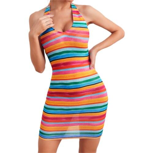 Sexy Womens Halter Bodycon Mini Dress Sleeveless V-neck Summer Casual Backless Striped Color Block Short Dresses