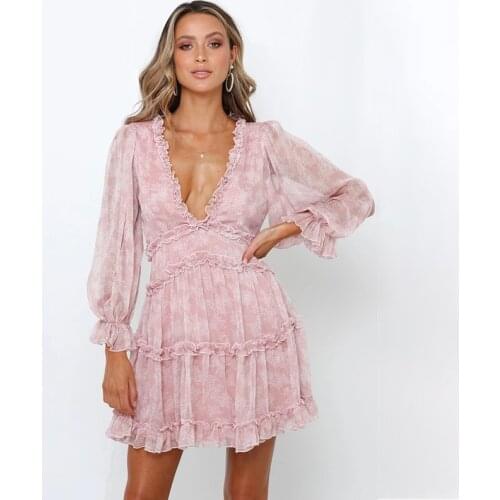 Novel Summer Autumn Elegant Ruffles Print Mini Dress Women Sexy V-neck long-sleeved Puff sleeve Dresses Ladies Vestidos Clothes