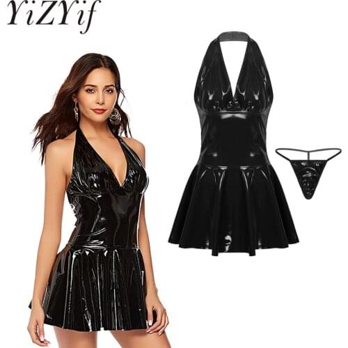 Women Faux Leather Pleated Dress Sexy Clubwear Pole Dance Dress Halter Sleeveless Backless Dress Nightclub Performance Costumes