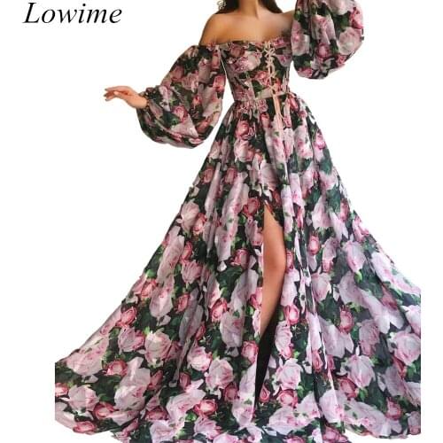 New Arabic Couture Evening Dresses 2019 A-Line Floral Print Sexy Evening Prom Party Gowns Off-Shoulder Full Sleeves Women Gowns