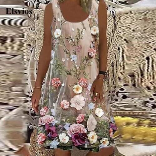 Fashion Floral Print O-Neck Vintage Dress 2021 Female Casual Tank Loose Dress Women Summer Sleeveless A-Line Party Dress Vestido