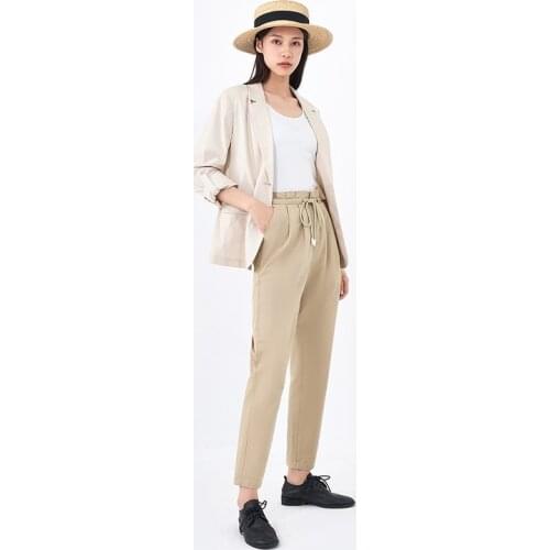 INMAN Autumn Spring Women Pants Cotton Straight Slim Frong Wrinkle Waist Casual Style All-match Small Cuffs Cropped Trousers