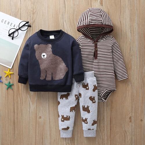 PatPat 3pcs Bear and Stripe Long-sleeve Baby Set