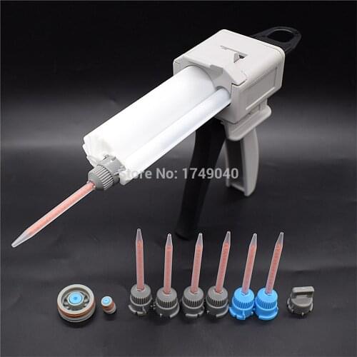 Glue Gun 50ml 10:1 Glue Adhensive Dispenser Caulking Gun and Empty 50ml 10:1 Double Cartridge with 7pc 10:1 Static Mixing Nozzle
