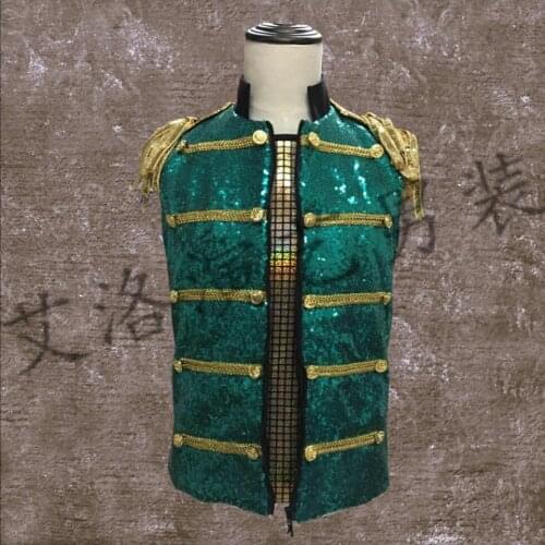 S-4xl New Mens Clothing Nightclub Bar Fashion Dj Studio Green Sequin Vest Jacket Personality Waistcoats Stage Singer Costumes