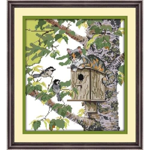 Joy Sunday Cat And Birds Embroidery Kits Packs Cross Stitch Kits Paintings Patterns DIY 11&14CT DMC Needlework Sets Handicraft
