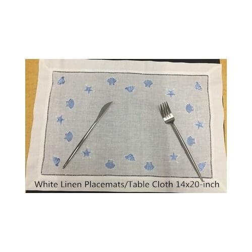 Set of 12 Fashion Table Cloth White Linen Table Runner/Placemats Blue embroidery Neptune/Conch/shell for elegant lunch or dinner
