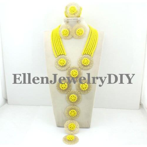 2017 New Gorgeous yellow African Beads Jewelry Set Nigerian Wedding bridal Fashion Jewelry Set Unique women necklace Set W8533