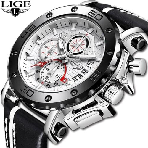 2020 New LIGE Top Brand Luxury Big Dial Military Quartz Watch Casual Leather Waterproof Sport Chronograph Watch For Men