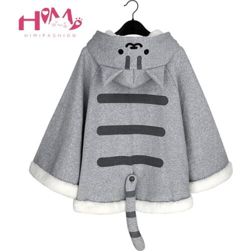 Neko Atsume kawai Cat Sweater Hoodie Cloak Cape Cotton Autumn Winter Hooded Hoodies Female Stereo Ear Stereo detachable Tail