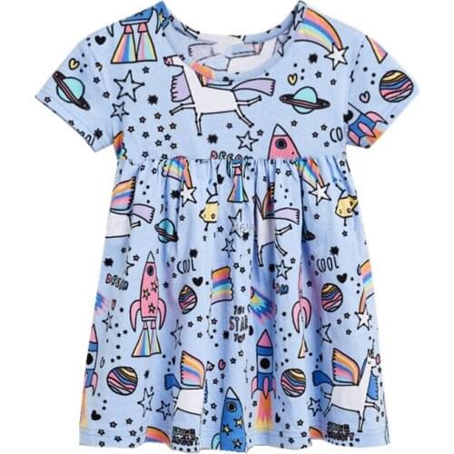 Girls O-neck Short Sleeve Casual Fashion Unicorns Design Summer A-line Dresses 100% Cotton Streetwear Top Dresses