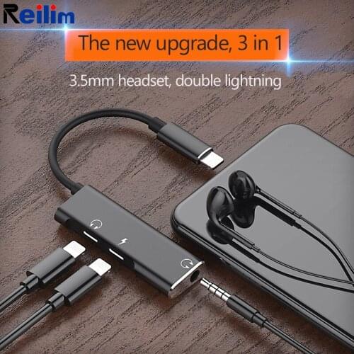 Reilim OTG 3 in 1 audio for double lighting to jack 3.5mm charging phone headset converter for iphone 7plus 8 X music calling