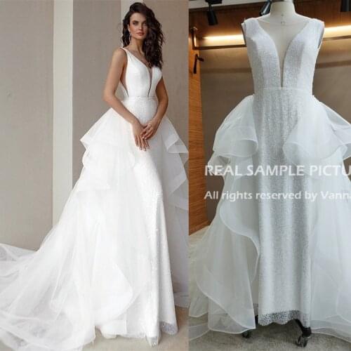 10141# 100% Real Photos Ready To Ship A-Line Backless V-Neck Lace Plus Size Wedding Dress Detachable Train Bride Dress