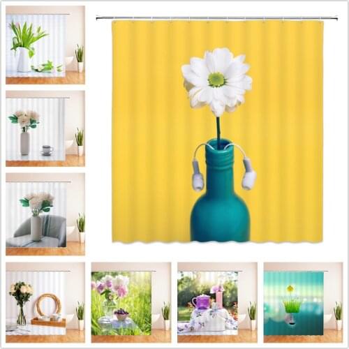 Flowers Shower Curtains White Vase Green Leaf Plant Green Grass Scenery Bathroom Decor Home Bathtub Waterproof Polyester Curtain
