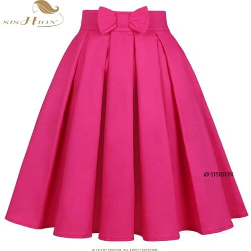 SISHION Cotton Solid Color Dark Pink Rose Red Skirt with Bow SS0012 Y2K Vintage Plus Size Pleated Women Midi Skirts Jupe Femme
