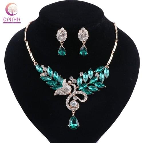 Flower Wedding African Bead Jewelry Set Jewelry Sets for Women Fashion Gold-color Dubai Rhinestone Necklace Earrings Sets