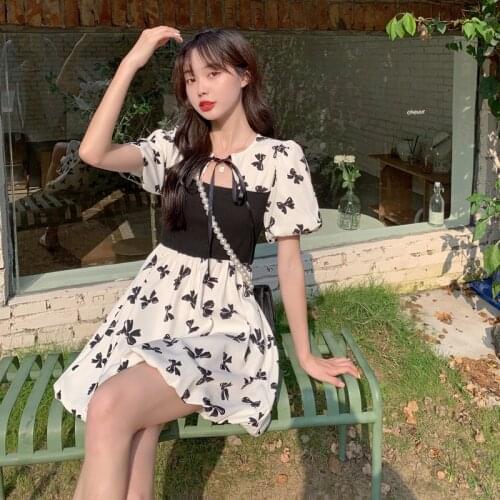 Womens Summer Elegant Floral Daily Birthday Wedding Mini Dress White Black Slim Bow Cute Sweet Romantic Girls Princess Dress