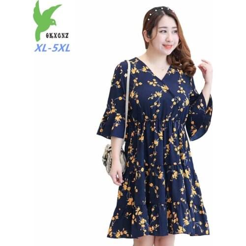 2019 Summer Dress Women Casual Printed Chiffon Dress Female Plus size 5XL V-neck Ruffle Cake Dresses Vestidos Medium sleeve G36