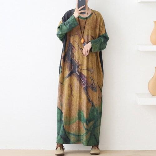 Johnature Women Knitted Print Floral Dresses Autumn Vintage Warm Clothes 2021 New O-Neck Long Sleeve Loose Female Original Dress