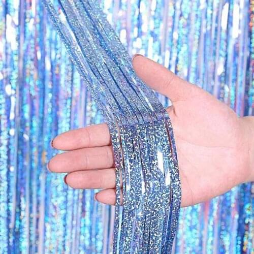 2x1M Light Blue Laser Metallic Foil Fringe Curtain Birthday Wedding Bachelorette Party Decoration Shimmer Photography Backdrop