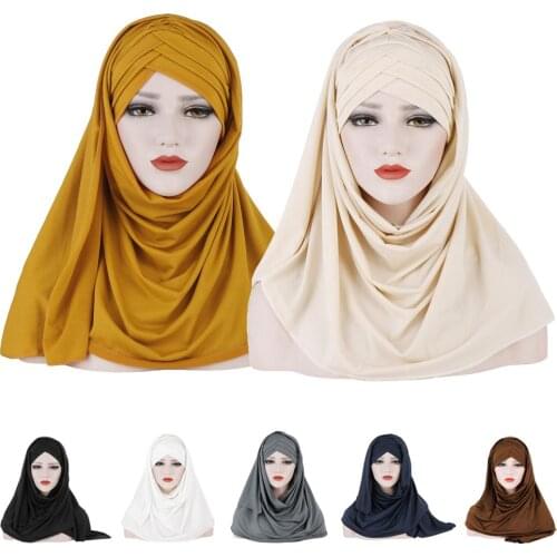 Arab Muslim Women Hijab Hat Front Cross Wrap Scarf Head Cover Hair Loss Islamic Turban Scarves Headscarf Lady Headwear Dubai