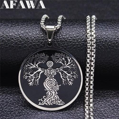 Goddess Tree of Life Stainless Steel Chain Necklace for Women Black Silver Color Necklaces Jewelry collier ras le cou N3622S02