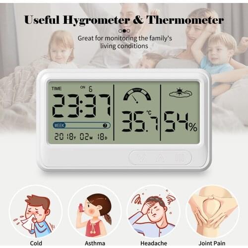 Digital Hygrometer Electronic Temperature Humidity Meter with Time Date LCD Clock Indoor Thermometer Hygrometer with Bracket