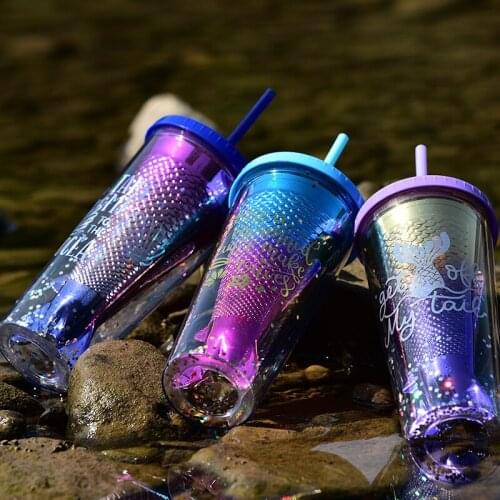350ml Double-layer Plastic Straw Cup Electroplating Drink Cup Gradient Mermaid Tail Juice Fish Tail Sequined Water Cup With Lid