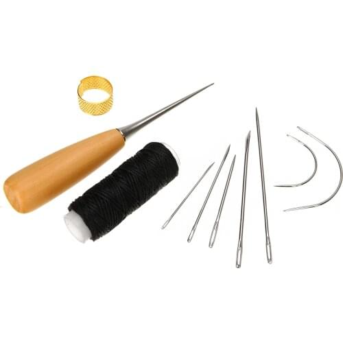7pcs New Sewing Needles Stitching Tool with Leather Waxed Thread Cord Drilling Awl and Thimble For Leather Carpets Shoe Repair