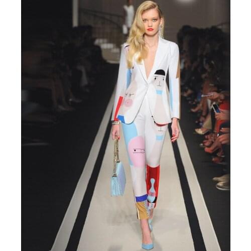 Europe and the United States abstract printing and dyeing fashion new womens long-sleeved suit jacket pencil pants two-piece