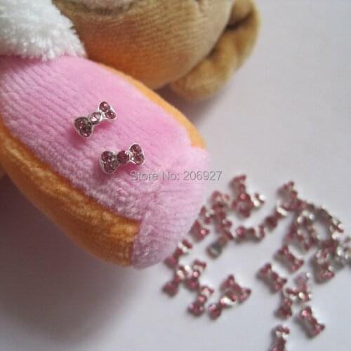 MD-67 10pcs Fancy Mini Hot Pink Rhinestone Silver Bow Metal Charms Metal Deco Charms Nail Art