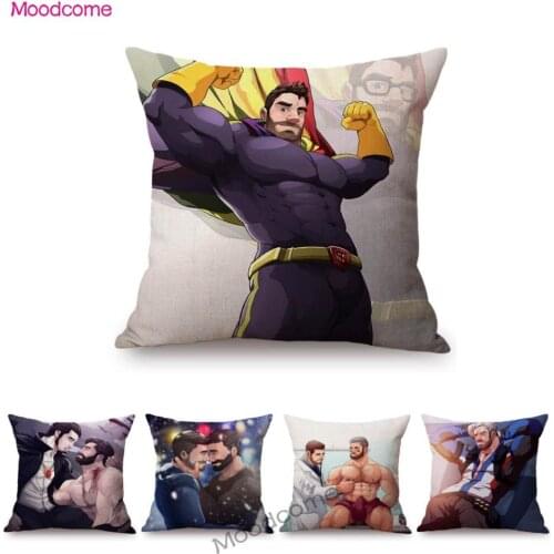 Sweet Cozy Cartoon Boyfriend Sexy Jock Bear Beautiful Man Art Home Decorative Sofa Pillow Case LGBT Gay Art Linen Cushion Cover