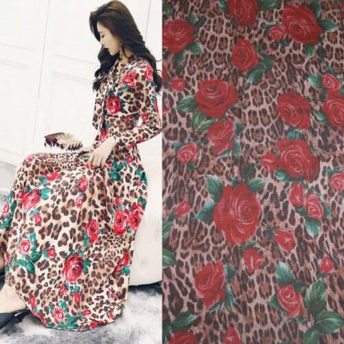 Leopard Rose Print Soft Chiffon Scarf Cloth Polyester Chiffon Thin Fabric For Dress Sewing DIY patchwork clothing tissu au metre