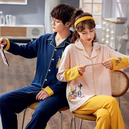 Autumn Hot Sell Two-piece Set Couple Nightie Pure Color Casual Men Homewear Pure Cotton Long Sleeve Trousers Women Pajamas Set