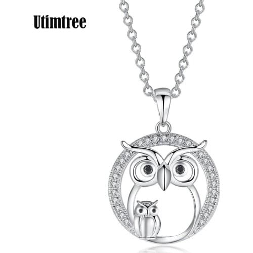 Utimtree Animal Owls Pendants Necklaces Creative Cute Hollow Out Parent-child Owl Cubic Zircon Necklace For Women Girls Jewelry