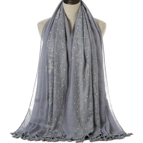 Newest Cotton Embroider Muslim Hijabs Shawls With Tassels Pearl Headscarf Large Size Head Wraps Turbans Foulard 1PC Retail