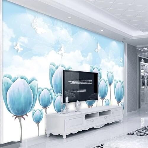 Custom Mural Wallpaper 3D Stereo Blue Tulip Flower Butterfly Wall Painting Modern Living Room TV Sofa Bedroom Home Decor Fresco