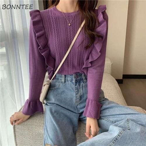 Pullovers Women Purple Solid O-neck Flare Sleeve Ruffles Korean Style All-match Vintage Elegant Kawaii Ladies Slim Loose Chic