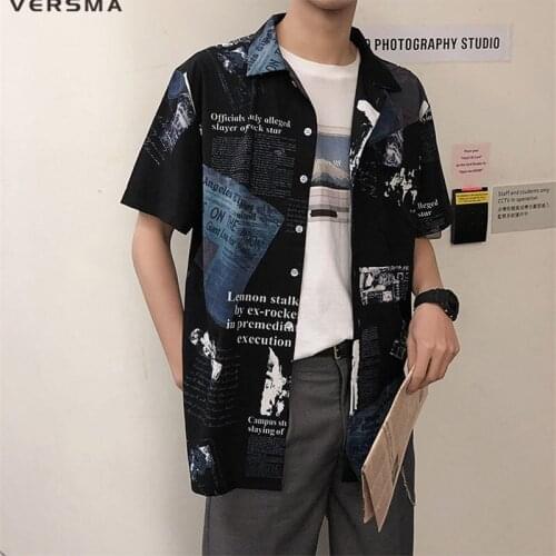 VERSMA Korean Harajuku Newspaper Print Oversize Shirt Men Women Hip Hop Streetwear BF Hawaiian Shirt Men Blouse Dropshipping 5XL