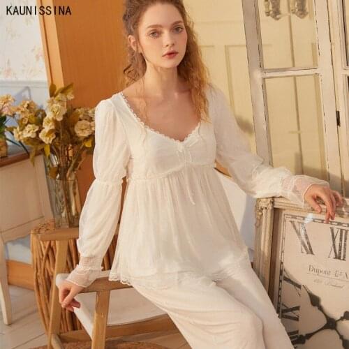 Long Sleeve Lingerie Set Womens V-neck Loose Soft Court Style Babydoll Princess Pajamas Spring Autumn Sleepwear Pajama Suit