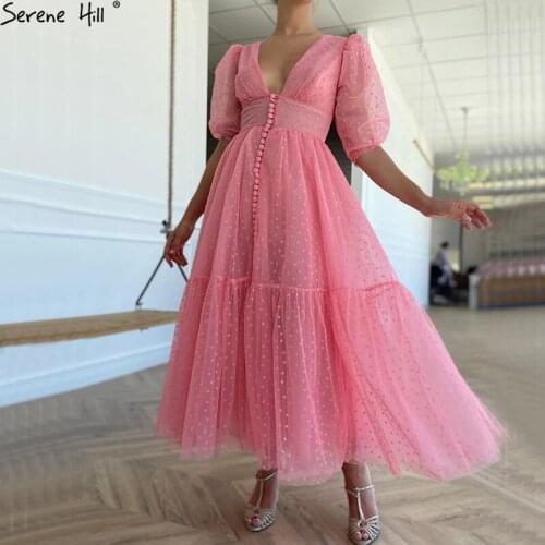 Serene Hill Pink A-Line Simple Prom Dress Woman Party Night V-Neck Puffy Sleeves Ankle Length Formal Dress Design 2020 BLA70693
