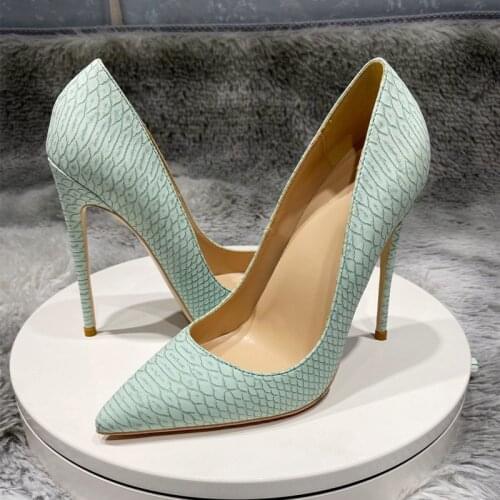Light green snake pumps PU leather 12cm high heeled shoes women fashion ladies sexy pointed toe plus size YG034 ROVICIYA