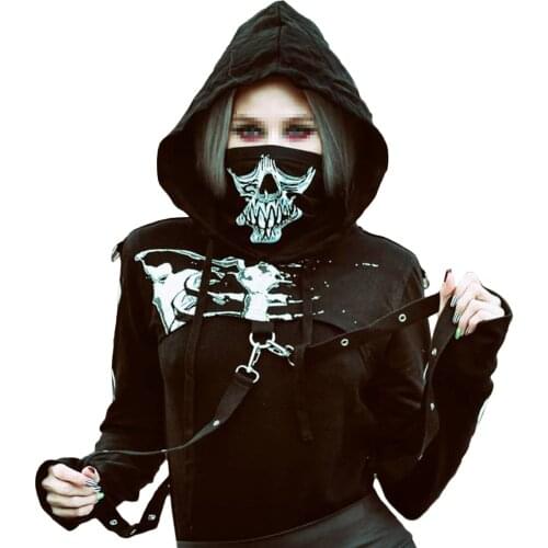 Halloween Dark Girls Department Womens Hooded Jacket Adult Skeleton Print Long Sleeve With Drawcord