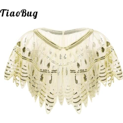 Womens Retro 1920s Shawl Wraps Sequin Beaded Evening Party Cape Bridal Shawl Bolero Vintage Wedding Jacket Flapper Cover-ups