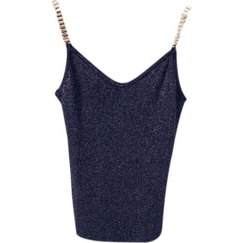 Women Tank Tops Sexy Club Women Spaghetti Girl Camisole Metal Strap Sexy V-neck Sweater Thin Bright Mesh Glitter Bling 2021