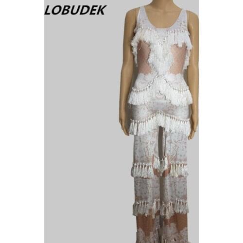 Bar Female singer stage costumes White Tassels Sexy Jumpsuit flare trousers Nightclub Dancer performance Celebration Clothing