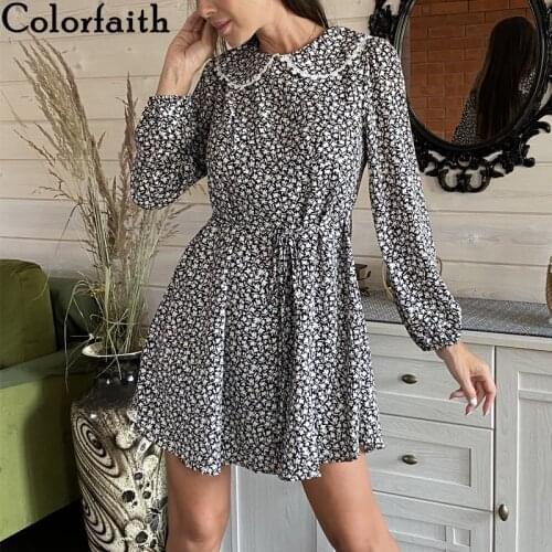 Colorfaith New 2021 Women Spring Autumn Dresses Lady Print Floral Vintage Peter Pan Collar Oversized Lace Up MIni Dresses DR6520
